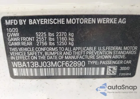 2021 BMW 530I xDrive z USA, uszkodzony, nr VIN WBA13BJ03MCF62890
